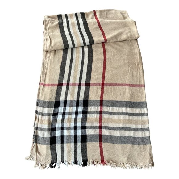 Classic Check Pattern Scarf Neutral Tan Fringe Wrap Large Lightweight - Picture 3 of 5